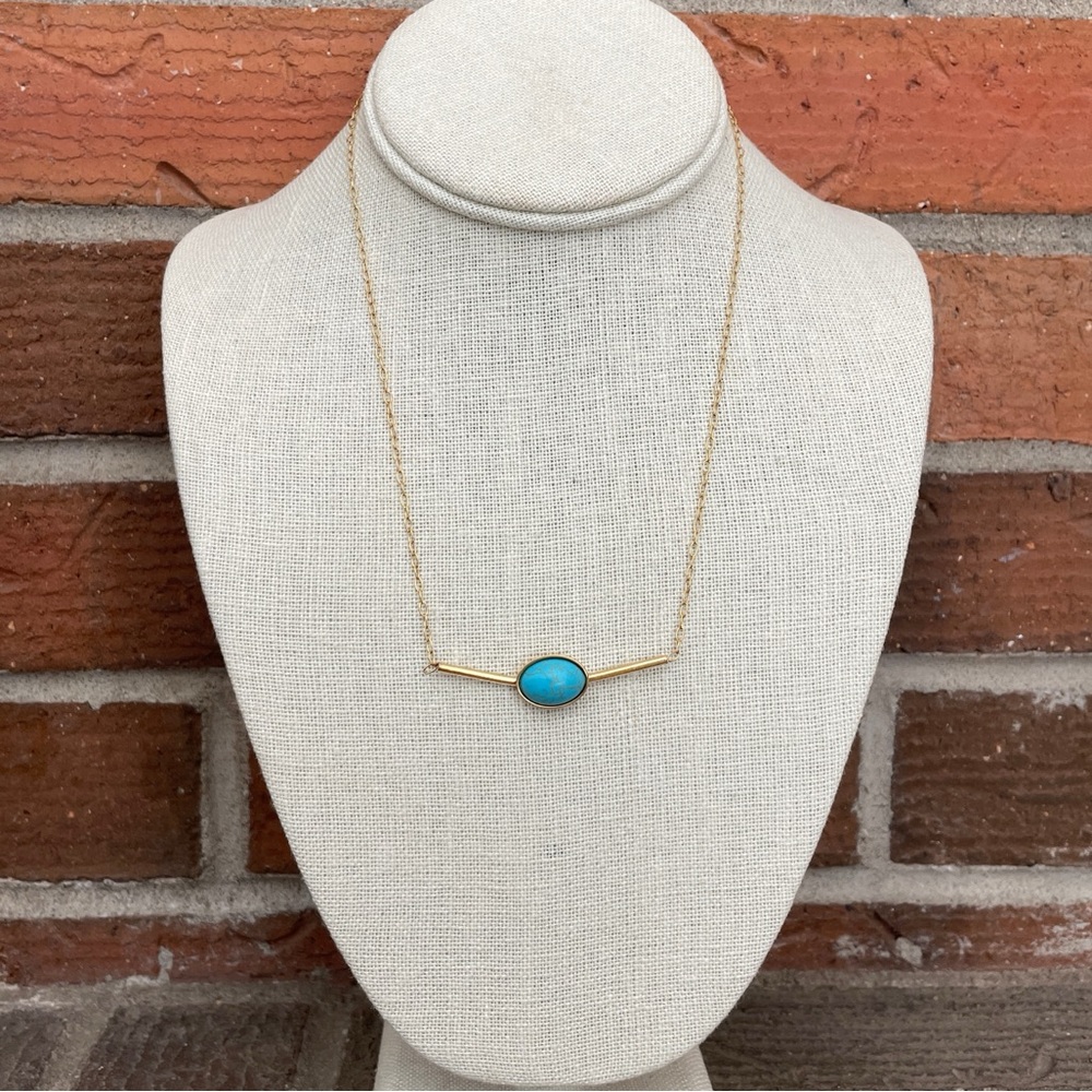 Stainless Steel Bar Necklace with Turquoise - Gold - Picture 2 of 2